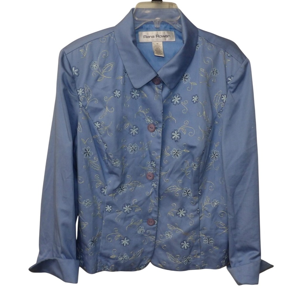 Rena Rowan Blue Floral Embroidered Button Front Jacket Size 18 Sateen Blazer